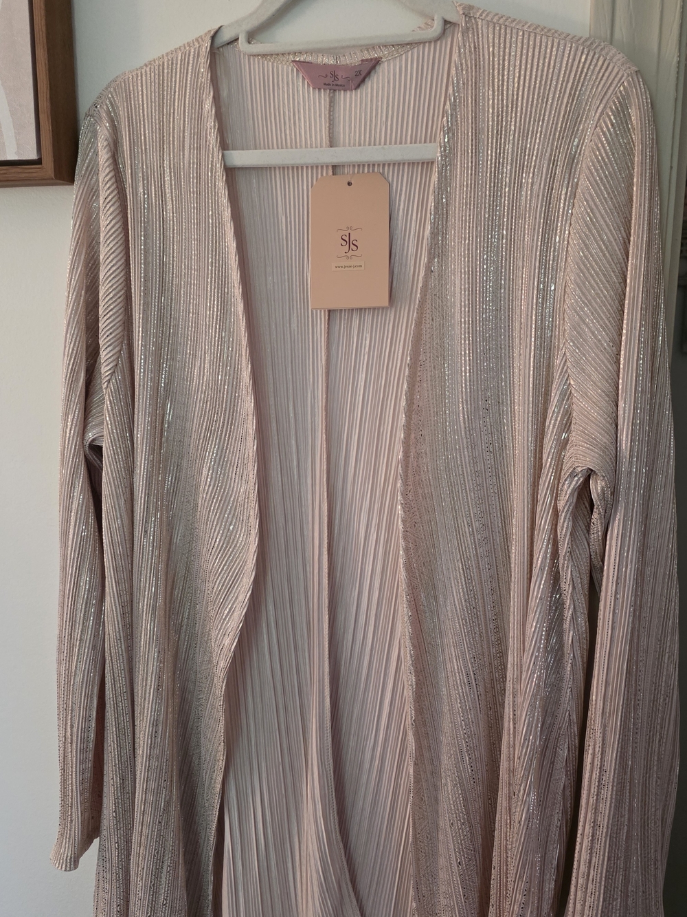 Metallic Blush Cream Ribbed Open-Front Tunic